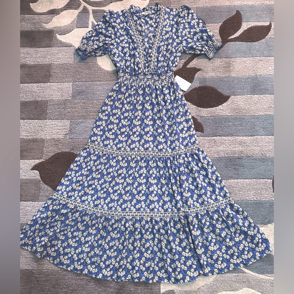 NWT Max Studio Ruffle Collar Print Tiered French Blue/Marigold Floral Maxi Dress - Picture 3 of 9